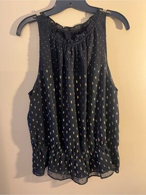 WHBM Black Sleeveless Ruffle Hem Blouse with Gold Dot Print